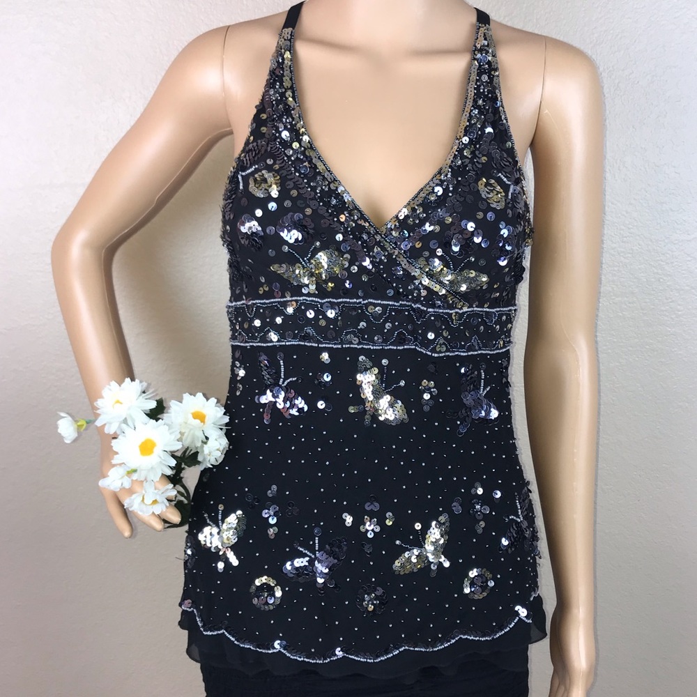 Bebe Beaded Sequin Embellished Silk Cami Tank Top - Picture 2 of 7